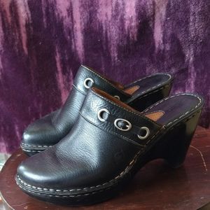 Born - size 7 (38) black leather, 3½" heel clogs, mules, slip-on shoes.